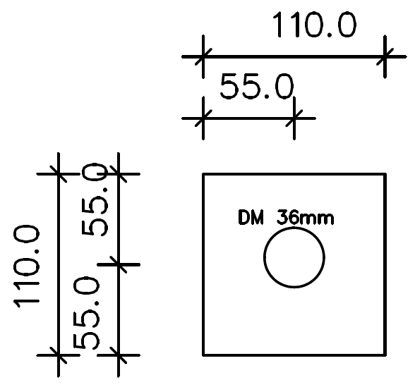 DK01 110/110 x 4 mm Stahlplatte mit einem Loch Ø 38mm