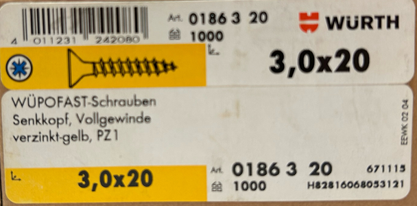 3,0 x 20 WÜPOFAST Senkopfschraube, Vollgewinde, verzinkt-gelb, PZ1 (VE=1000) I LL0004