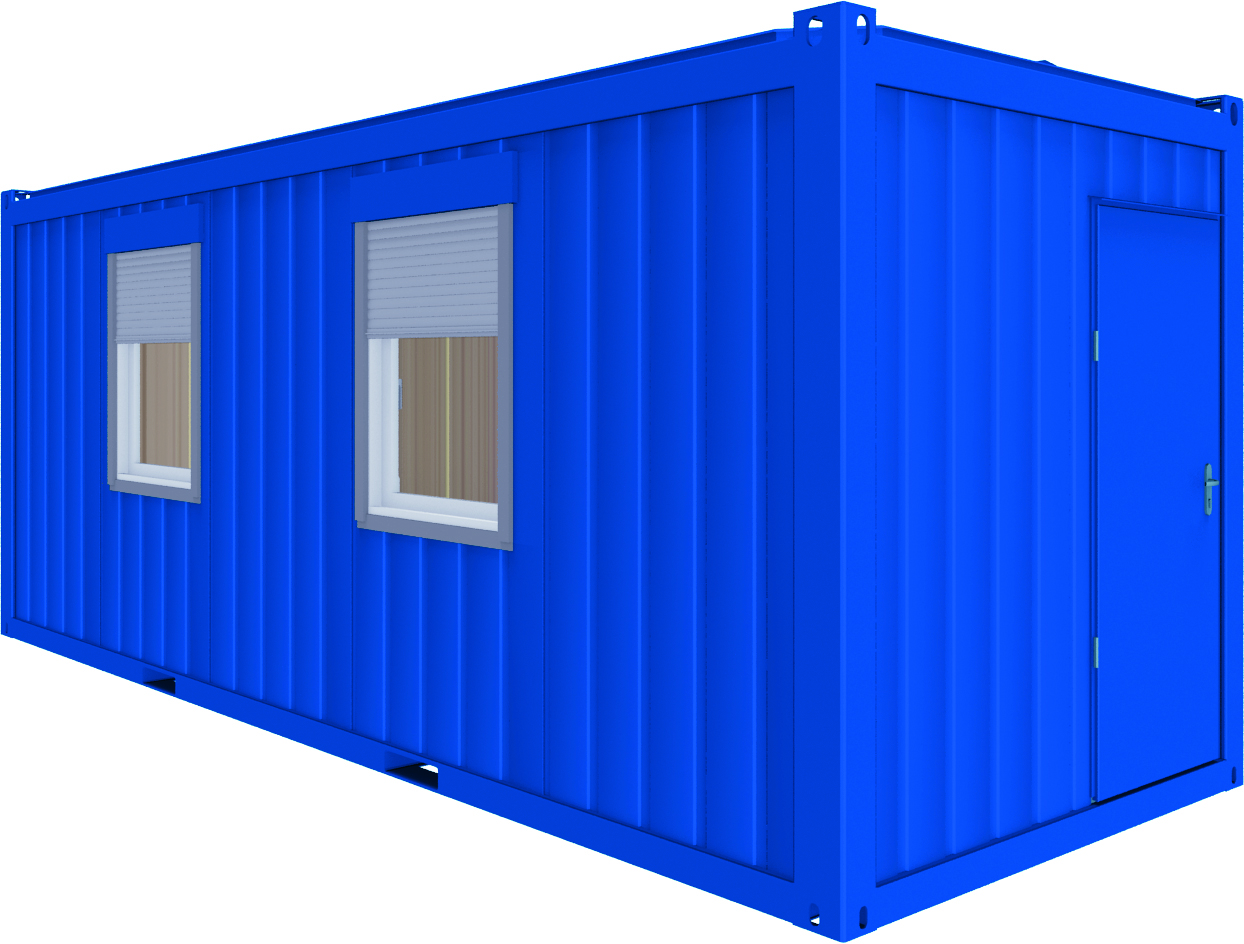 Bürocontainer 6m, Fenster variabel wählbar, Farbe blau 