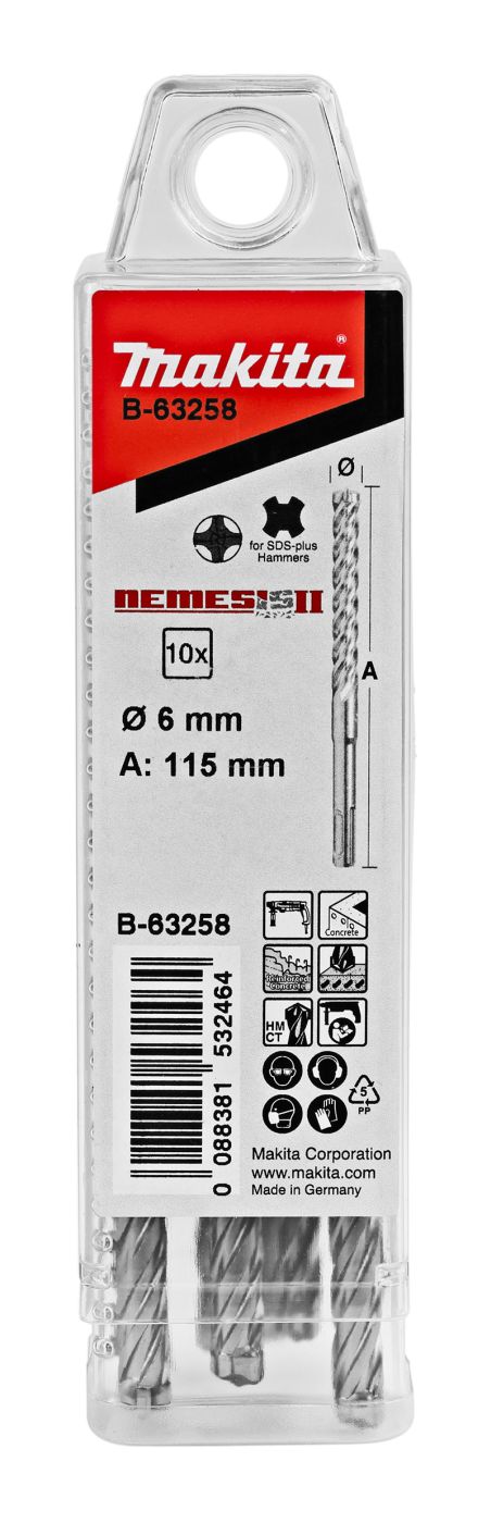10er Set 6,0x115 mm Makita NEMESIS II Hammerbohrer B-63258 