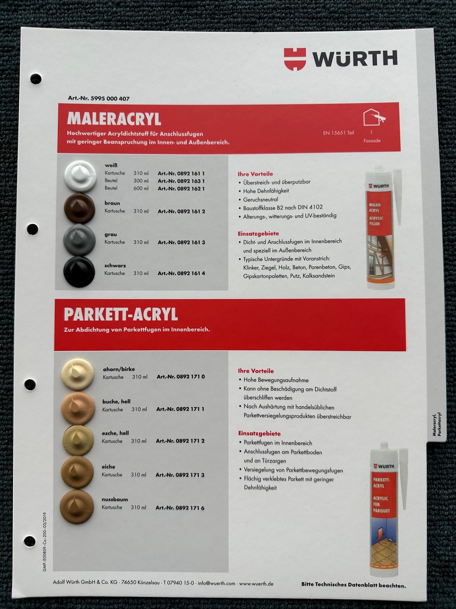 Würth Parkett-Acryl | 310 ml | Eiche