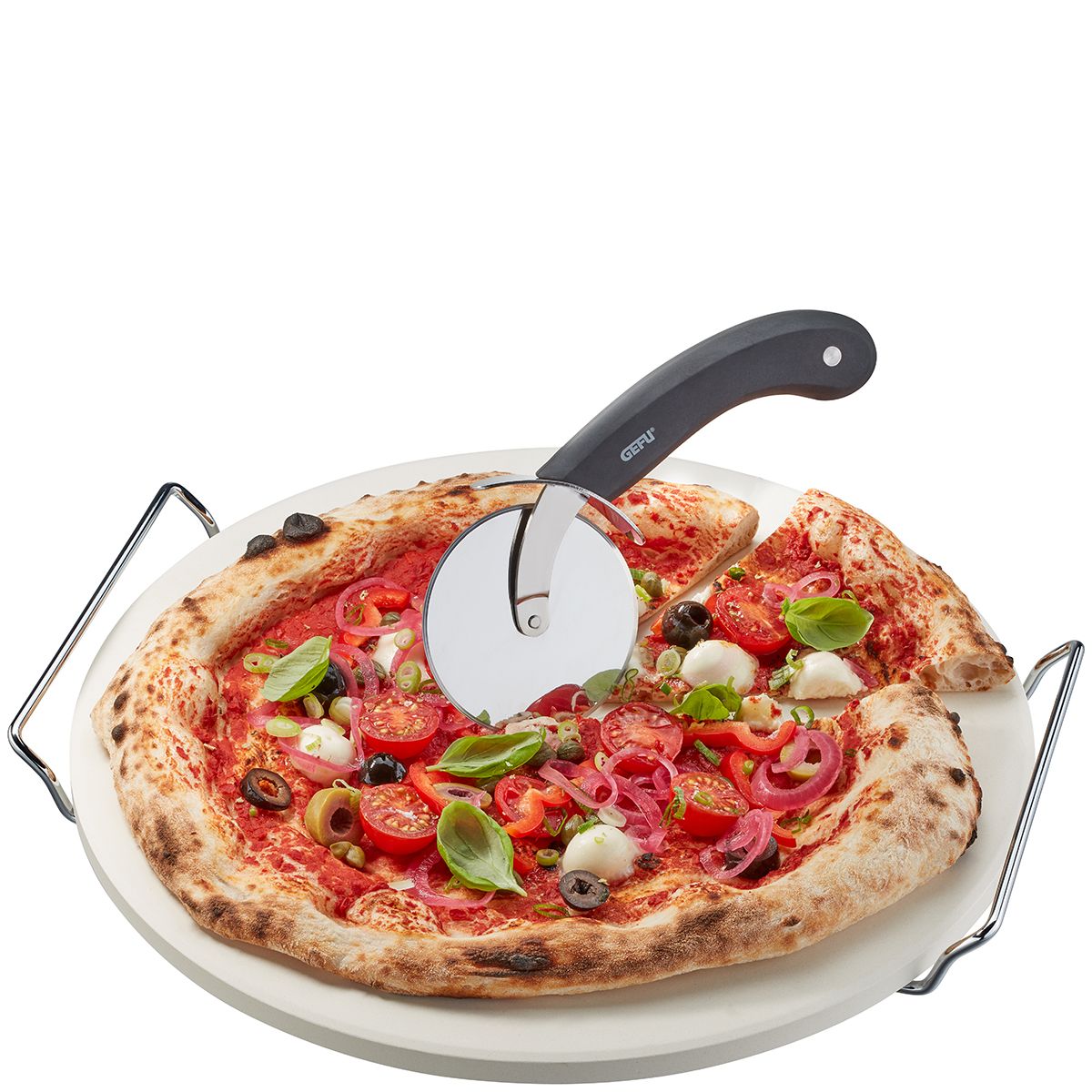 Pizzastein mit Gestell + Pizzaschneider DARIOSO rund von Gefu
