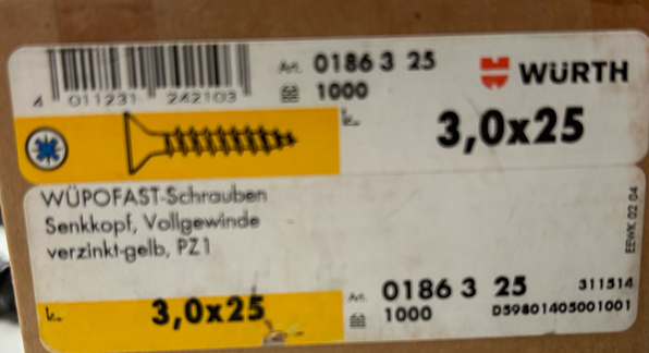 WÜPOFAST Schrauben Senkkopf Vollgewinde verzinkt-gelb PZ1 3,0x25 (VE1000) I LL0006