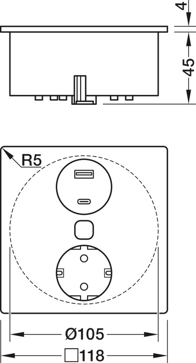 2x USB / 1x 230 V /Steckdosen-Element mit Abdeckung