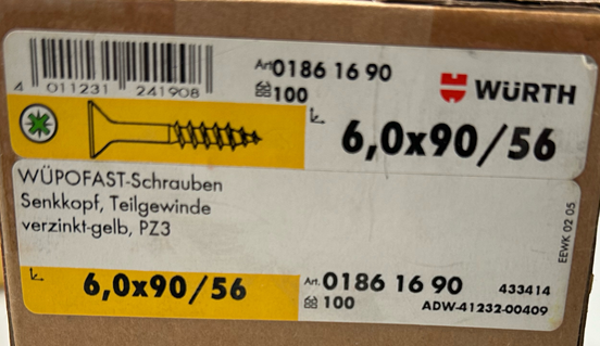 6,0 x 90 WÜPOFAST Senkkopfschrauben Teilgewinde gelb verzinkt, PZ3 (VE 100) I LL0012
